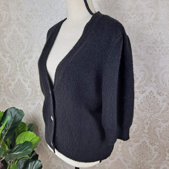 Ann Taylor Factory Size Large Black Fuzzy Cardigan Rhinestone Buttons EUC - Picture 4 of 11